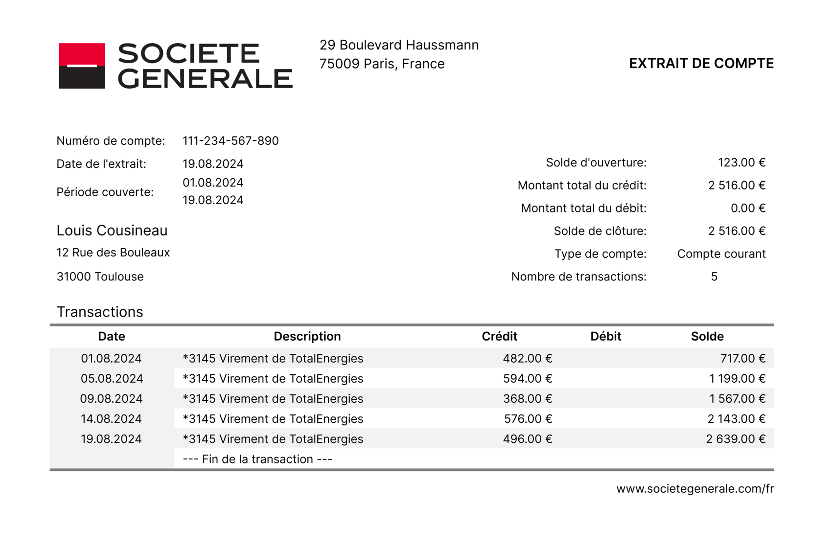 Extrait de banque — Louis Cousineau